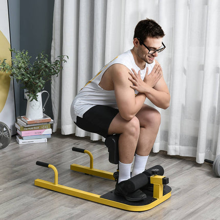 Sissy Squat Squat Trainer kāju trenažieris vēdera muskuļu un sēžamvietas trenažieris 3 vienā trenažieris regulējams līdz 120 kg tērauds dzeltens + melns 50 x 97 x (44,5-56,5) cm