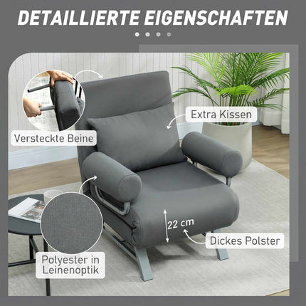 Sleeper Chair Convertible to Guest Bed, 5-Position Backrest, Dark Grey