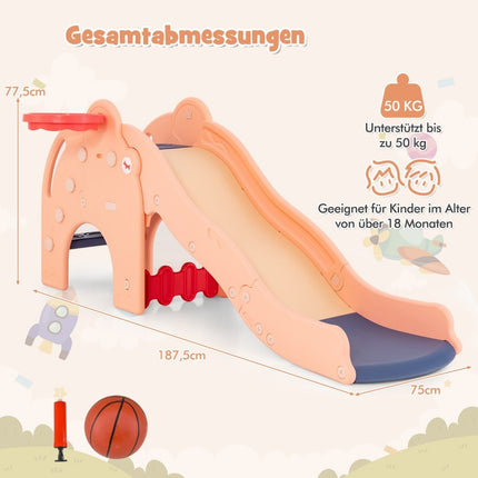Āra slidkalniņš 4 vienā bērnu slidkalniņš un tunelis un basketbola grozs un kāpnes, 187,5 x 75 x 77,5 cm, rozā