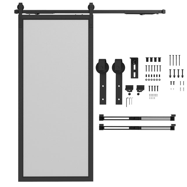 Bīdāmo durvju furnitūras komplekts, 183 cm, ar sliedēm, rullīšiem, pretlēkšanas ierīcēm, durvju atduri, grīdas vadotni, oglekļa tērauds, melns