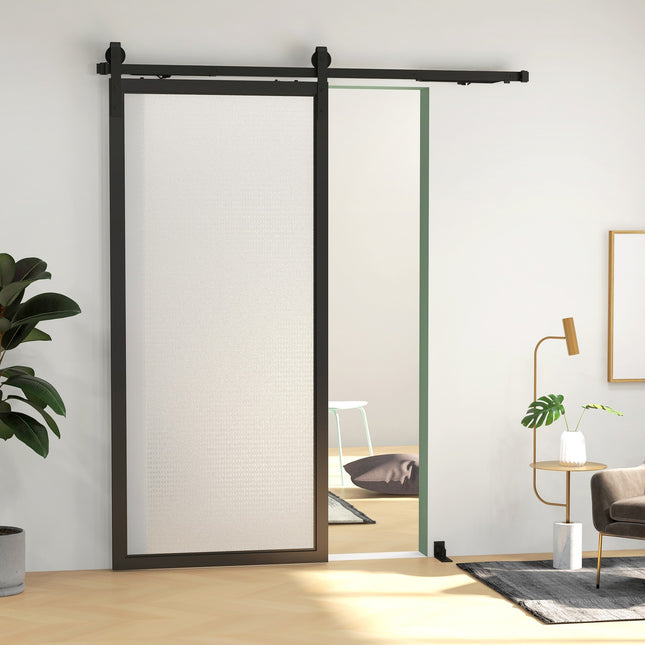 Bīdāmo durvju furnitūras komplekts, 183 cm, ar sliedēm, rullīšiem, pretlēkšanas ierīcēm, durvju atduri, grīdas vadotni, oglekļa tērauds, melns