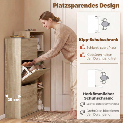 Slim Shoe Cabinet with 3 Flip Compartments for 18 Pairs, Natural, 25 cm Deep