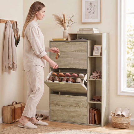 Slim Shoe Cabinet with 3 Flip Compartments for 18 Pairs, Natural, 25 cm Deep