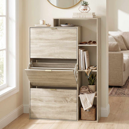 Slim Shoe Cabinet with 3 Flip Compartments for 18 Pairs, Natural, 25 cm Deep