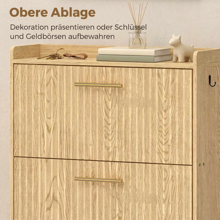 Slim Shoe Cabinet with 3 Flip-Down Drawers for 18 Pairs, Light Brown, 24 cm Deep