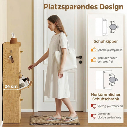 Slim Shoe Cabinet with 3 Flip-Down Drawers for 18 Pairs, Light Brown, 24 cm Deep