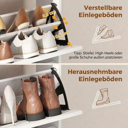 Slim Shoe Cabinet with 4 Flip-Down Compartments for 16 Pairs, White, 24 cm Deep