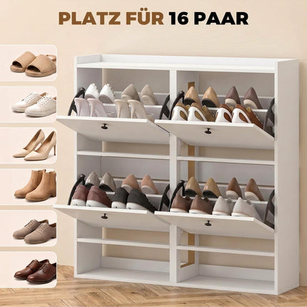 Slim Shoe Cabinet with 4 Flip-Down Compartments for 16 Pairs, White, 24 cm Deep