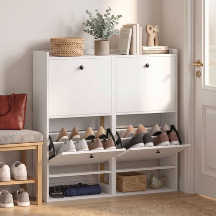 Slim Shoe Cabinet with 4 Flip-Down Compartments for 16 Pairs, White, 24 cm Deep