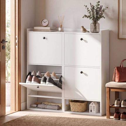 Slim Shoe Cabinet with 4 Flip-Down Compartments for 16 Pairs, White, 24 cm Deep