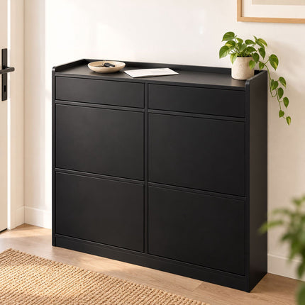 Slim Shoe Cabinet with 4 Tilt-Out Compartments and 2 Flaps, Black, MDF