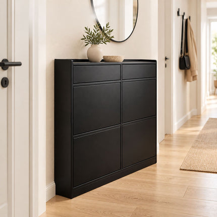 Slim Shoe Cabinet with 4 Tilt-Out Compartments and 2 Flaps, Black, MDF