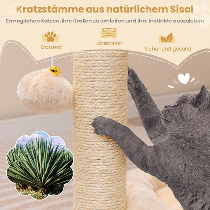 Mazs kaķu koks ar skrāpējamiem stabiem, šūpuļtīklu, gultu, sizala stabiem un kaķu birsti, bēšs, 40 x 30 x 72 cm