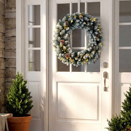 Snow-Flocked Christmas Wreath 60 cm with 50 LEDs, Pine Cones, 8 Light Modes