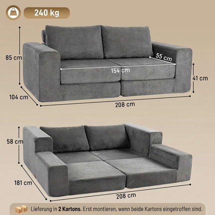 Sofa Bed 4-in-1 for 2 People, Foldable Sleeper Sofa, Grey, Back Cushions