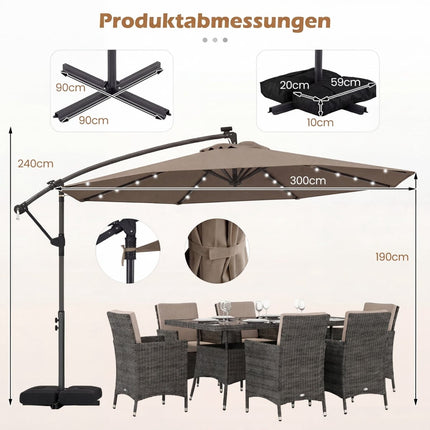 Saules LED konsoles lietussargs, 360 grādu rotējošs, brūns, 300x240 cm