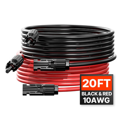 Solar Panel Extension Cable 20ft 10AWG MC4 Connectors, Pair