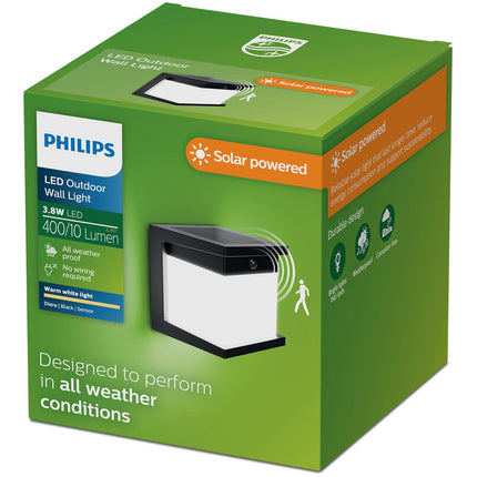 Saules sienas lampa ar kustību sensoru – melna, LED, IP44
