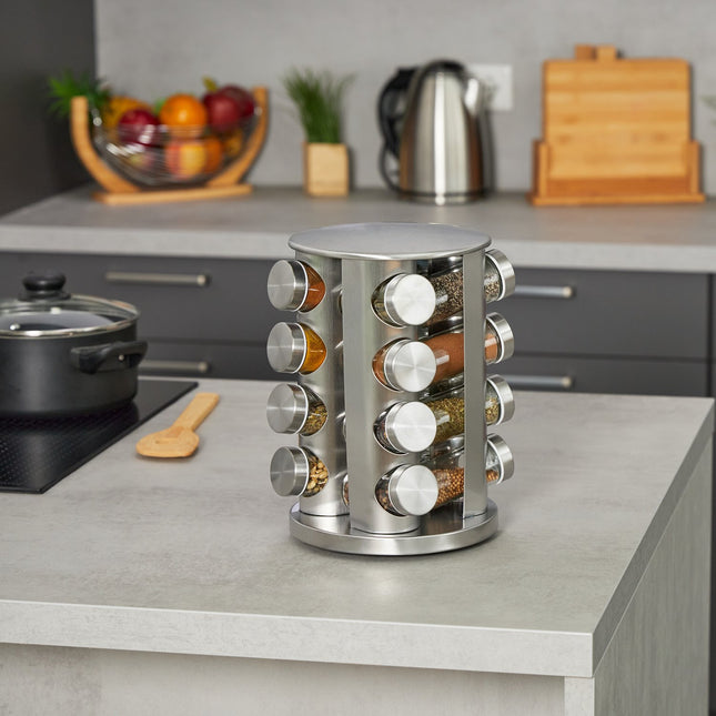 Garšvielu karuselis no nerūsējošā tērauda ar 16 glāzēm