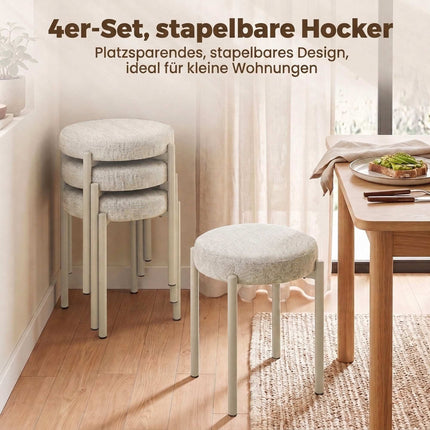 Stackable Dining Stools Set of 4 with Steel Legs, Cream White, Linen-Look