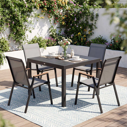 Stackable Garden Chairs Set of 6 in Teslin Fabric, Grey, Wood-Plastic Armrests