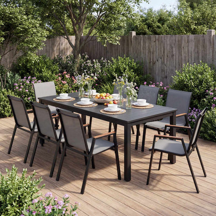 Stackable Garden Chairs Set of 6 in Teslin Fabric, Grey, Wood-Plastic Armrests