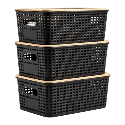 Stackable Storage Boxes with Bamboo Lid, Perforated Plastic, Black