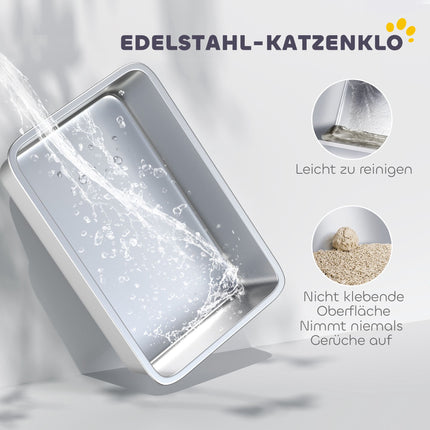 Nerūsējošā tērauda kaķu pakaišu kaste ar kausiņu, augstām malām, pelēka