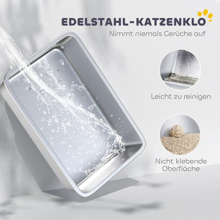 Nerūsējošā tērauda kaķu pakaišu kaste ar kausiņu, augstām malām, XL