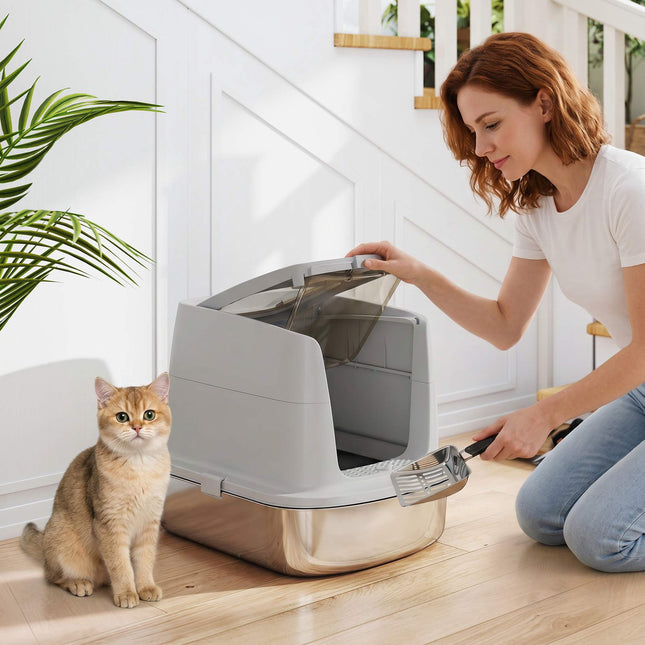Nerūsējošā tērauda slēgtā kaķu pakaišu kaste, komplektā kausiņa