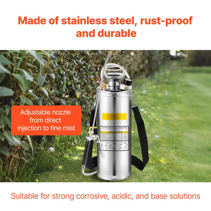 Stainless Steel Pump Sprayer 10L, Adjustable Nozzle