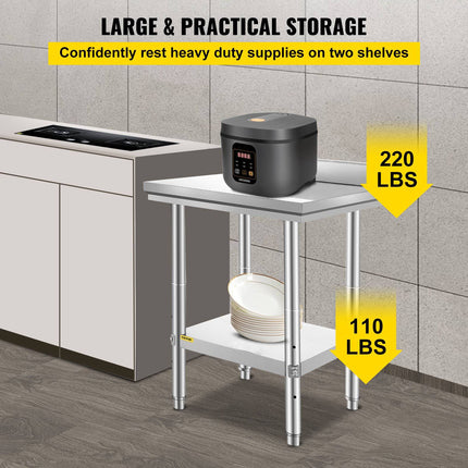 Stainless Steel Work Table 24x24, Adjustable Shelf, Backsplash