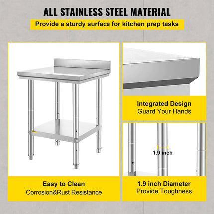 Stainless Steel Work Table 24x24, Adjustable Shelf, Backsplash