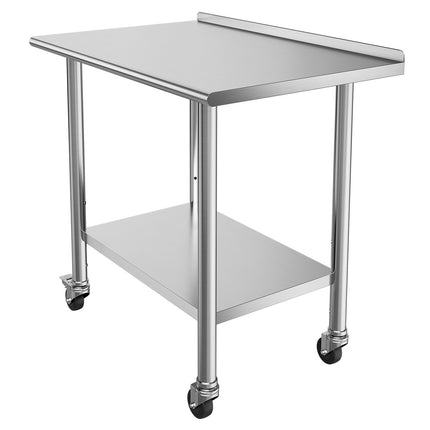 Stainless Steel Work Table 36x24 in, Wheels, Backsplash