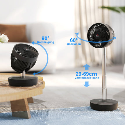 Statīva ventilators, USB uzlādējams ventilators ar tālvadības pulti, regulējama slīpuma svārstību 10 ātruma līmeņi, taimeris, regulējams augstums, teleskopiskais ventilators biroja kempingam |