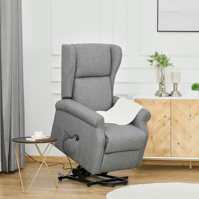 Stāvkrēsls TV krēsls ar elektrisko stāvēšanas palīglīdzekli, atgāšanās funkciju, lins, pelēks, 72,5 x 94 x 109 cm