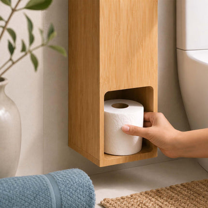 Standing Toilet Roll Holder for 4 Rolls, Wall-Mountable, Natural Bamboo