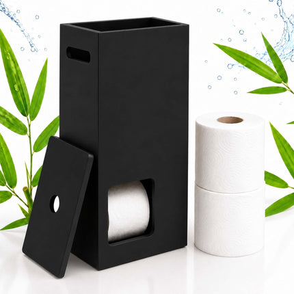 Standing Toilet Roll Storage for 8 Rolls with Side Handle, Black, MDF