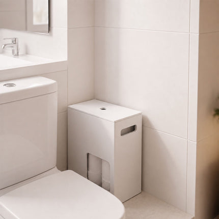 Standing Toilet Roll Storage for 8 Rolls with Side Handle, White, MDF