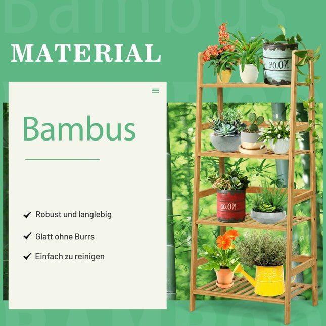 Stāvplaukts ar 4 līmeņu kāpņu plauktu, kas izgatavots no bambusa, grāmatu plaukts, augu plaukts, balkona plaukts, 48 x 32 x 115 cm, dabīgs