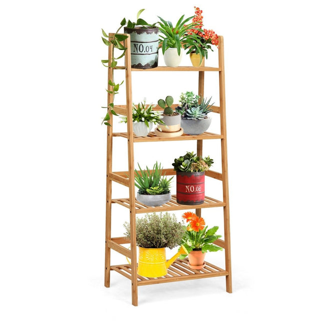 Stāvplaukts ar 4 līmeņu kāpņu plauktu, kas izgatavots no bambusa, grāmatu plaukts, augu plaukts, balkona plaukts, 48 x 32 x 115 cm, dabīgs