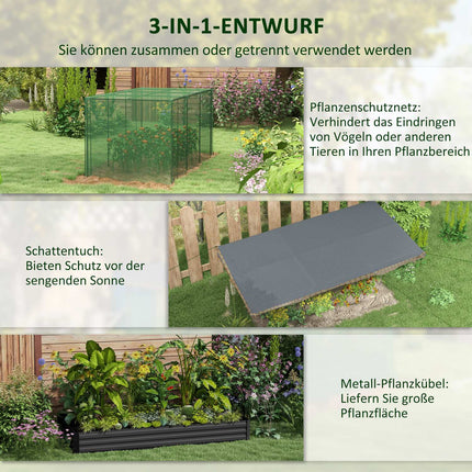 Tērauda paaugstināta dobe ar putnu aizsardzības tīklu, tumši pelēka dārza dobe balkonam un terasei, 230x110x110cm, ideāla aizsardzība pret sauli