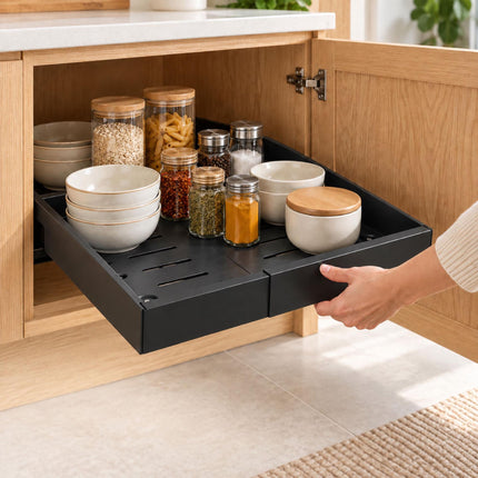 Stick-On Telescopic Drawer for Kitchen Cabinets, 30 kg Load, 42 cm Deep, Black