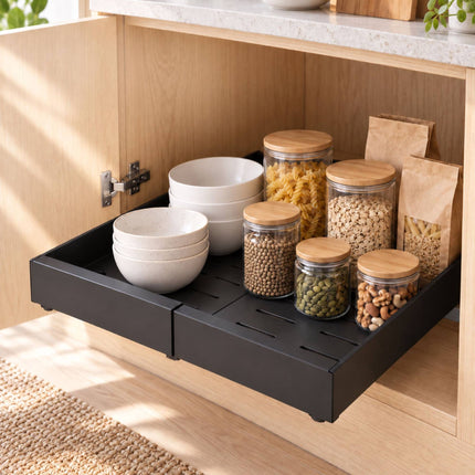 Stick-On Telescopic Drawer for Kitchen Cabinets, 30 kg Load, 42 cm Deep, Black