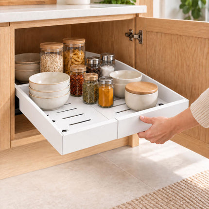 Stick-On Telescopic Drawer for Kitchen Cabinets, 30 kg Load, 42 cm Deep, White