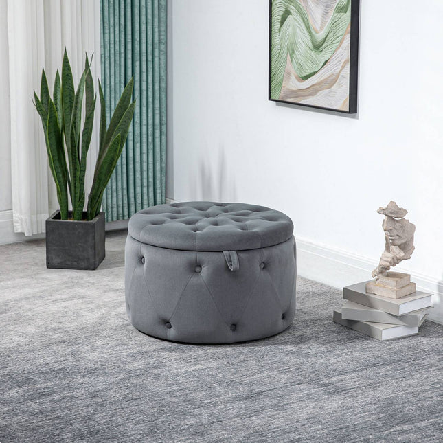 Round upholstered ottoman with storage, velvet look, gray