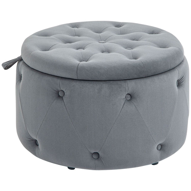 Round upholstered ottoman with storage, velvet look, gray