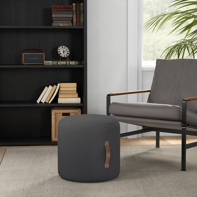 Round dark gray footstool, ottoman with handle - Ø48x45 cm