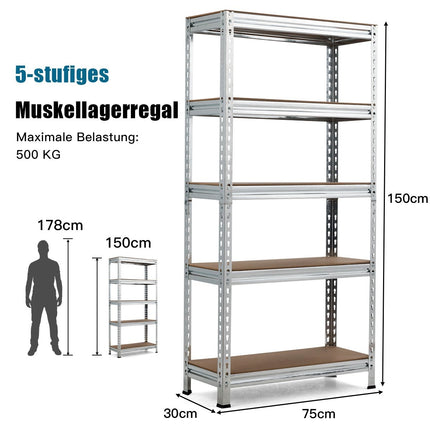 Noliktavas plaukts ar 5 regulējamiem plauktiem, īpaši izturīgs plaukts, kravnesība līdz 500 kg, 150 x 75 x 30 cm