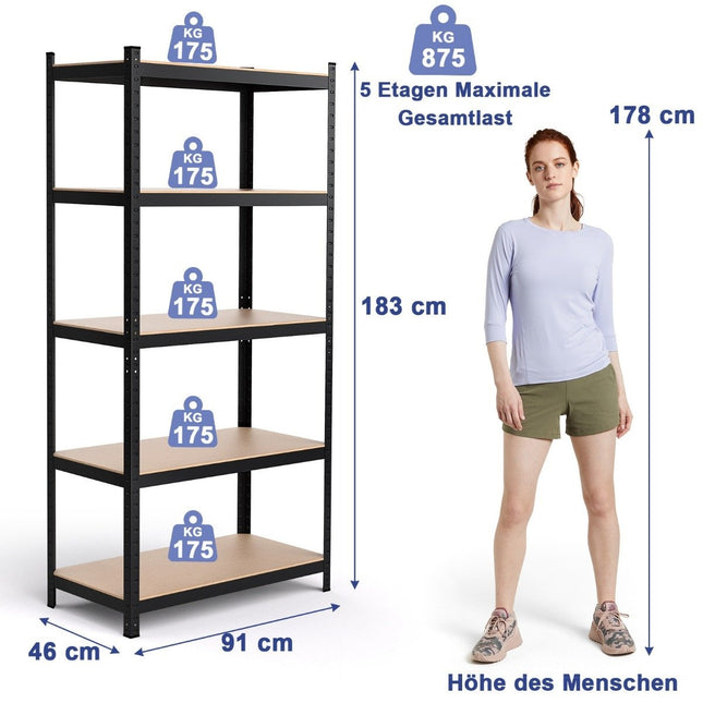 Uzglabāšanas plaukts, īpaši izturīgs plaukts, iespraužams plaukts, metāla plaukts, 5 līmeņi, darbnīcas plaukts, 91 x 46 x 183 cm, melns